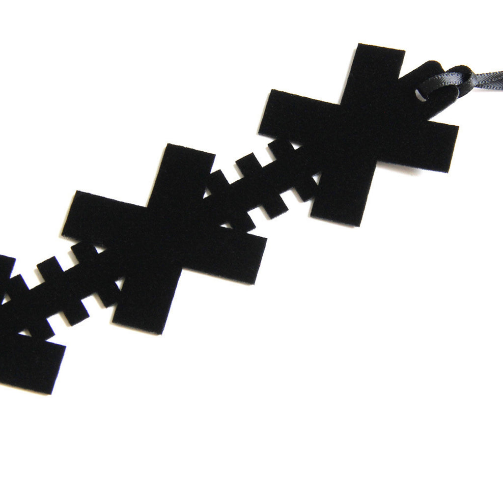 Black Gothic Cross Chain Choker Necklace | Pixel Edge Linked Cross Silhouette Ribbon Tie Dark Aesthetic Minimalist Halloween Jewelry