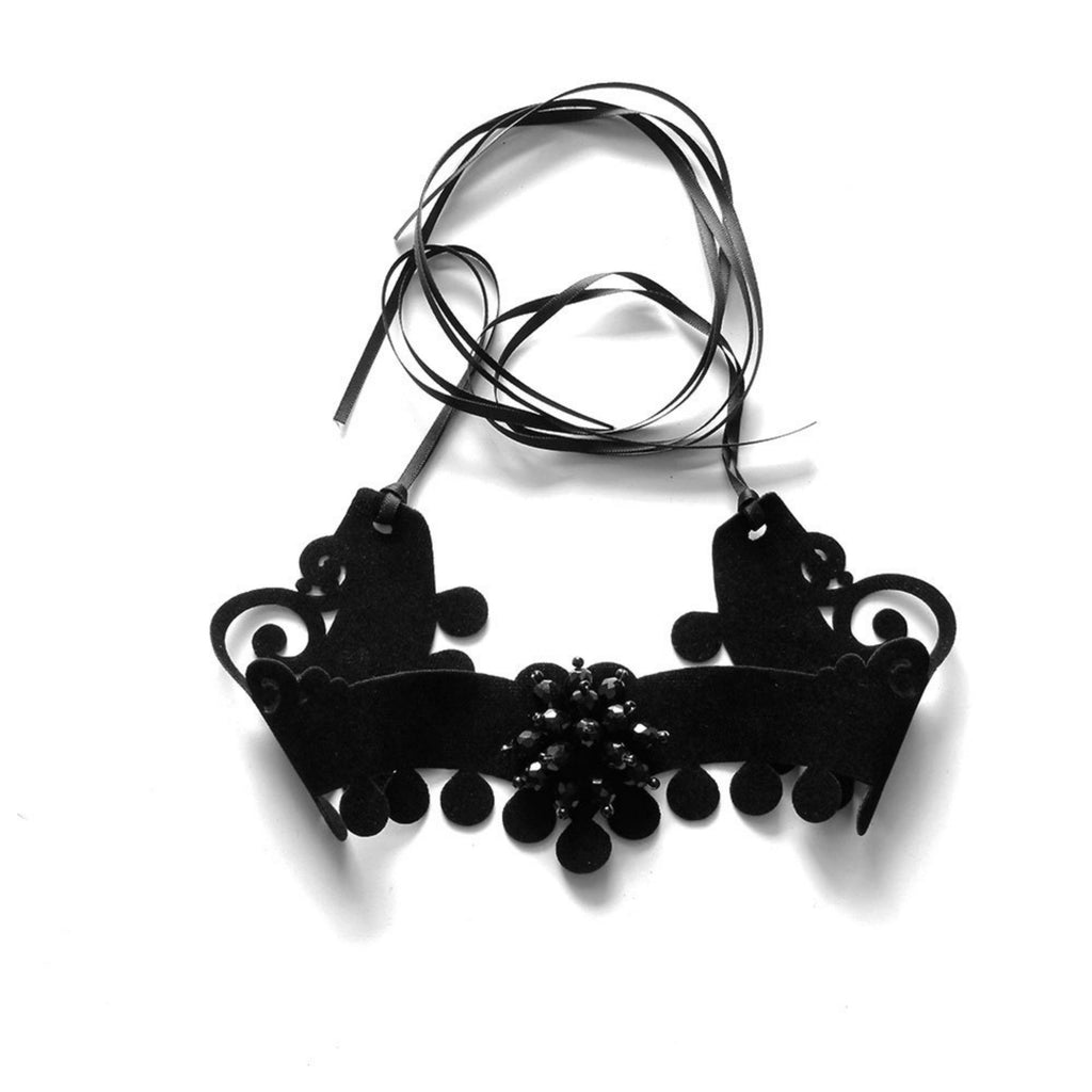 Halloween Black Velvet Baroque Scroll Choker Necklace | Pompom Ball Fringe Rhinestone Center Ribbon Tie Dark Queen Costume Jewelry