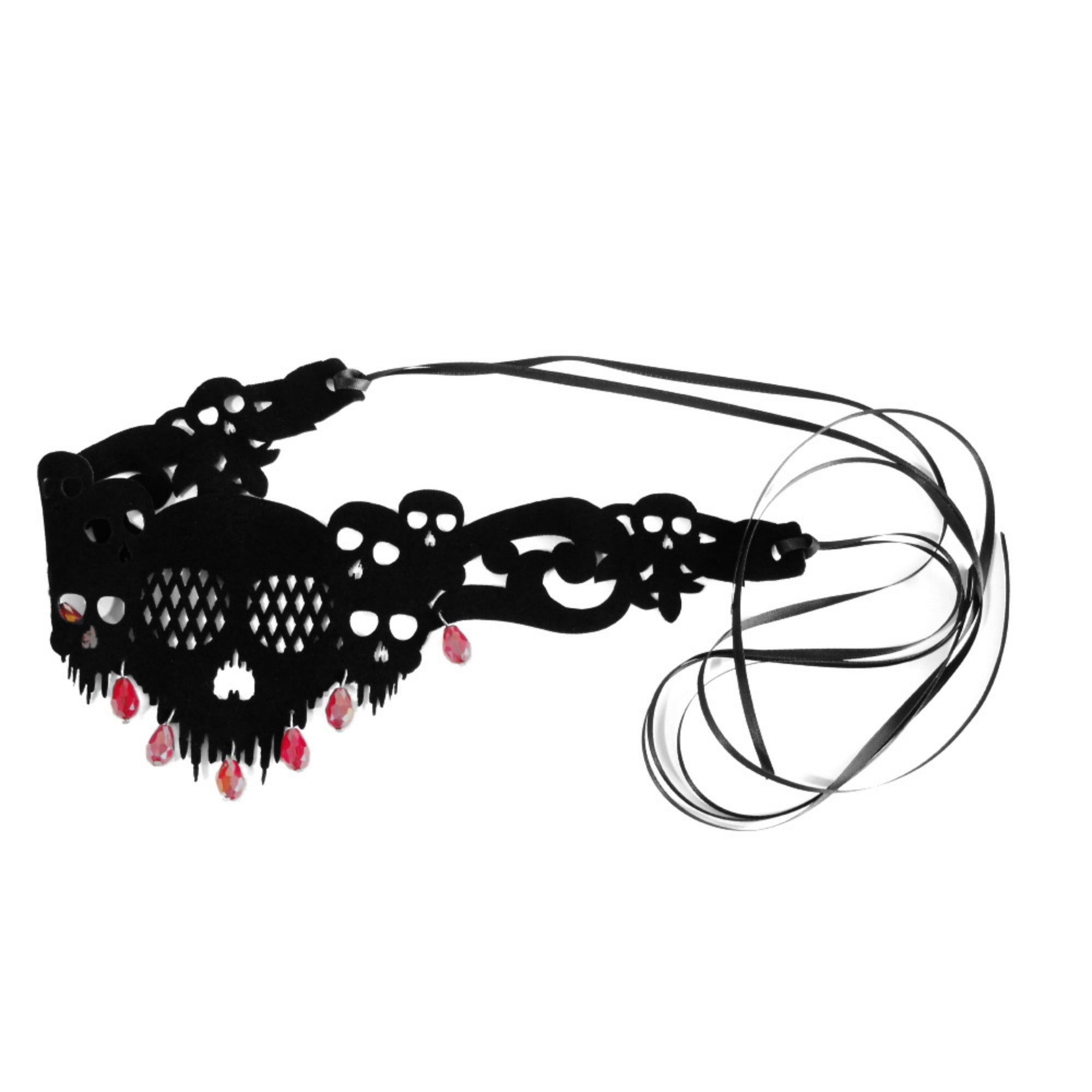 Halloween Gothic Black Skull Choker Necklace | Red Crystal Teardrop Drop Ribbon Tie Vampire Dark Jewelry