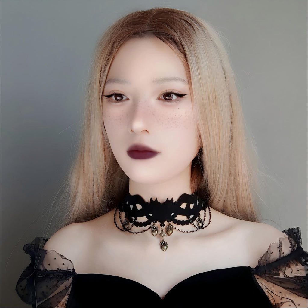 Halloween Gothic Black Velvet Crown Cutwork Choker Necklace | Antique Bronze Heart Rose Charm Chain Drape Ribbon Tie Dark Queen Costume Jewelry