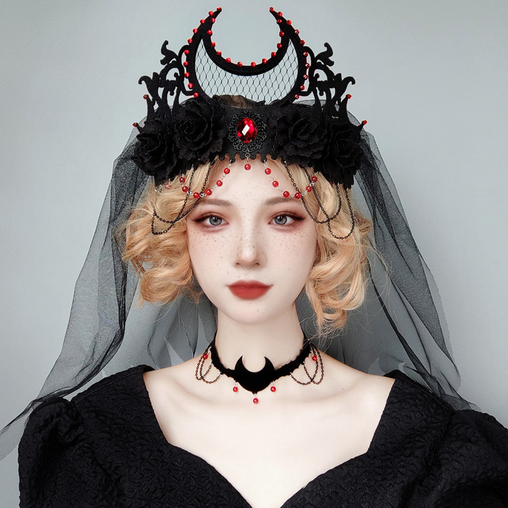 Halloween Black Velvet Bat Choker Necklace | Blood Red Bead Gunmetal Chain Drape Scallop Edge Cord Tie Vampire Dark Costume Jewelry