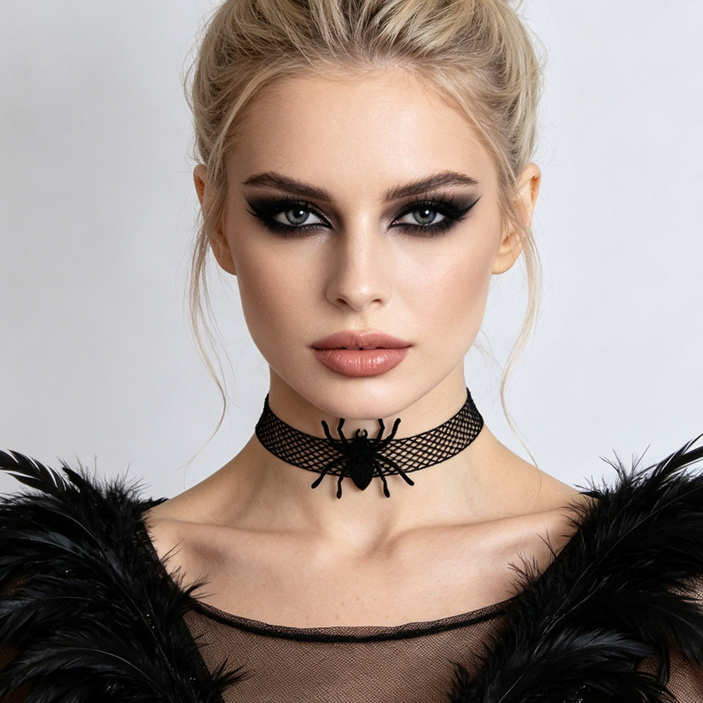 Halloween Gothic Black Lace Mesh Spider Choker Necklace | Vampire Wide Choker 3D Spider Dark Aesthetic Halloween Jewelry