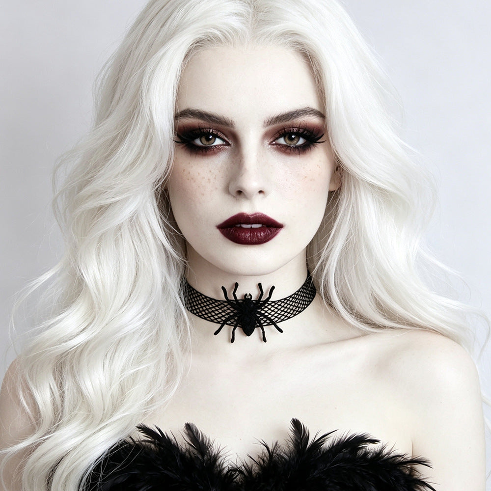 Halloween Gothic Black Lace Mesh Spider Choker Necklace | Vampire Wide Choker 3D Spider Dark Aesthetic Halloween Jewelry