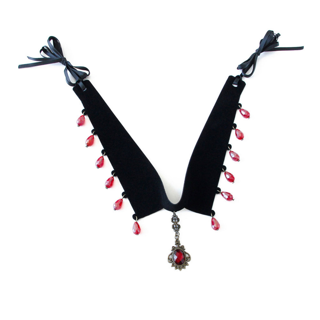 Gothic Vampire Black Velvet V-Collar Choker Necklace | Full Red Crystal Teardrop Fringe Antique Cameo Pendant Ribbon Tie Dark Jewelry