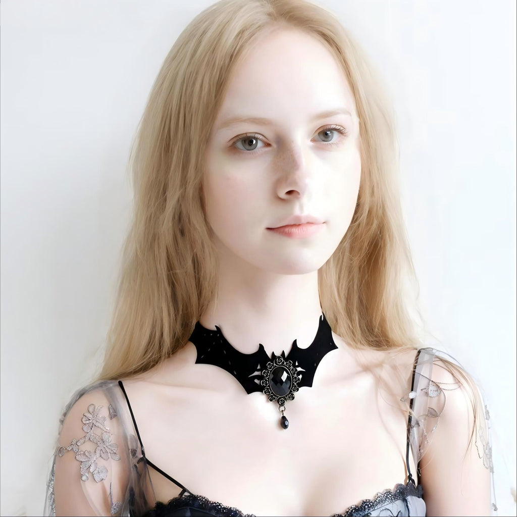 Gothic Halloween Bat Wing Black Velvet Choker Necklace | Antique Bronze Black Gem Crystal Teardrop Drop Vampire Dark Jewelry