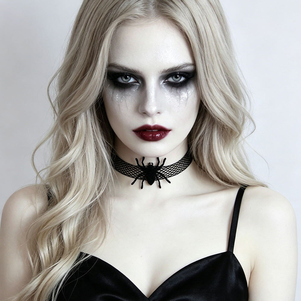 Halloween Gothic Black Lace Mesh Spider Choker Necklace | Vampire Wide Choker 3D Spider Dark Aesthetic Halloween Jewelry