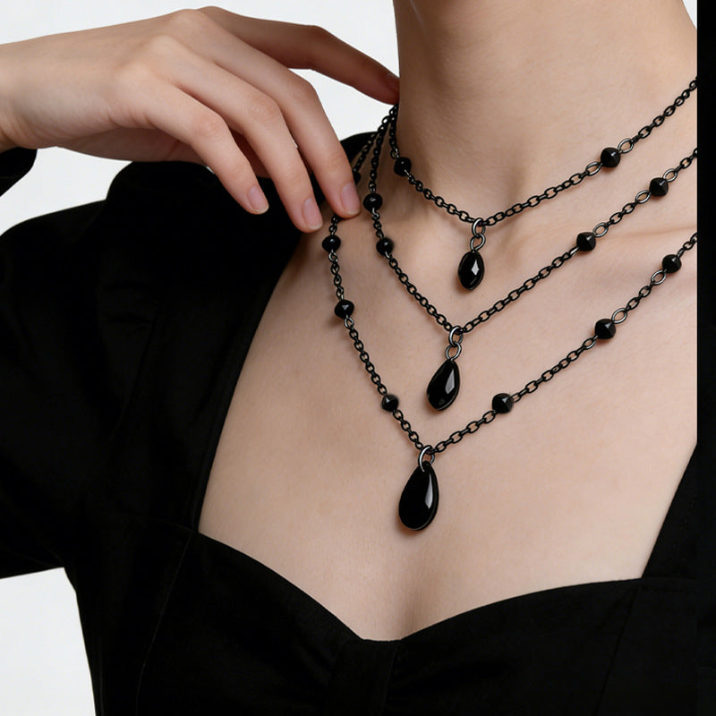 Halloween Gothic Black Triple Layer Crystal Teardrop Necklace Set | All-Black Chain Bead Dark Aesthetic Halloween Jewelry