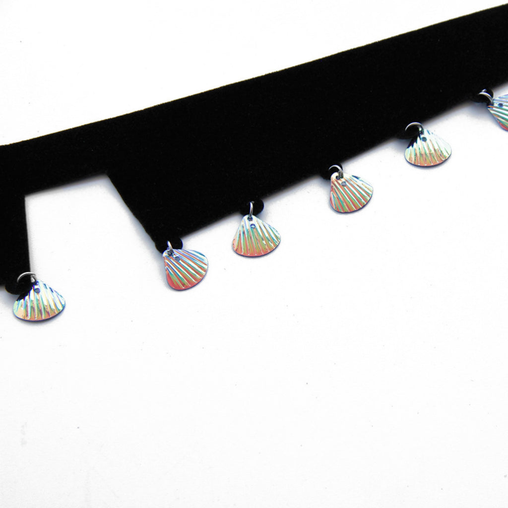 Black Velvet Choker Necklace | Y2K Holographic Shell Fringe Dark Mermaid Aesthetic Gift for Her | Fairycore Coastal Jewelry