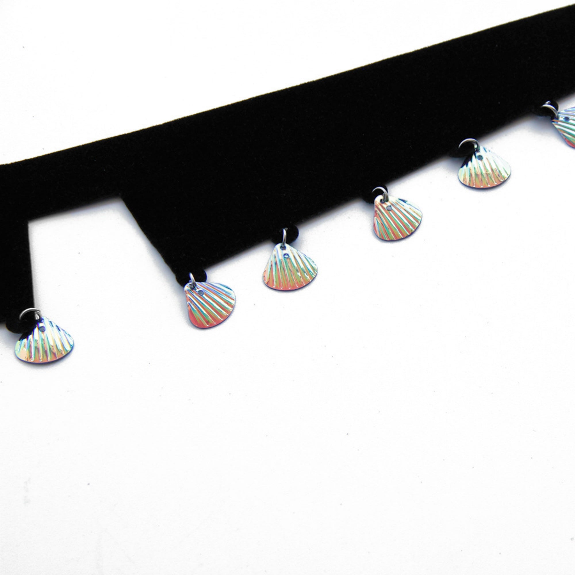 Black Velvet Choker Necklace | Y2K Holographic Shell Fringe Dark Mermaid Aesthetic Gift for Her | Fairycore Coastal Jewelry