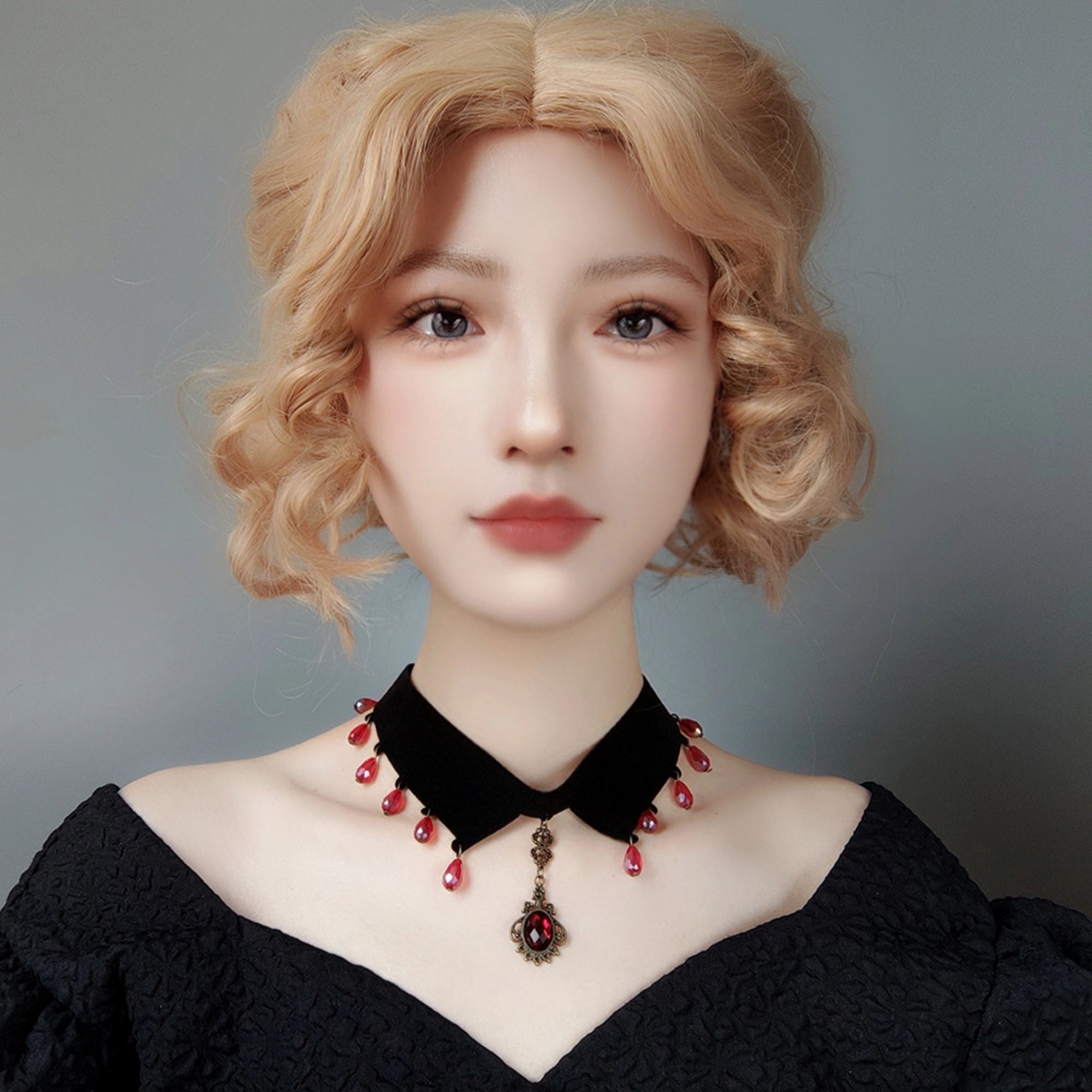 Gothic Vampire Black Velvet V-Collar Choker Necklace | Full Red Crystal Teardrop Fringe Antique Cameo Pendant Ribbon Tie Dark Jewelry