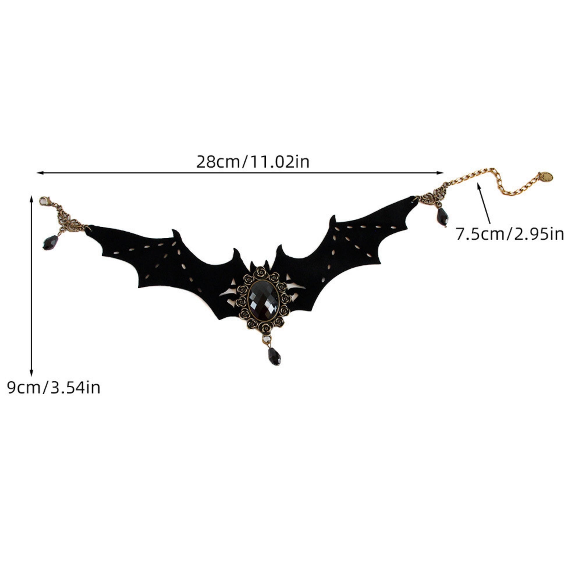 Gothic Halloween Bat Wing Black Velvet Choker Necklace | Antique Bronze Black Gem Crystal Teardrop Drop Vampire Dark Jewelry