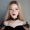Halloween Gothic Black Velvet Grid Cutwork Choker Necklace | Silver Heart Pendant Black Oval Gemstone Clover Edge Ribbon Tie Dark Witch Costume Jewelry
