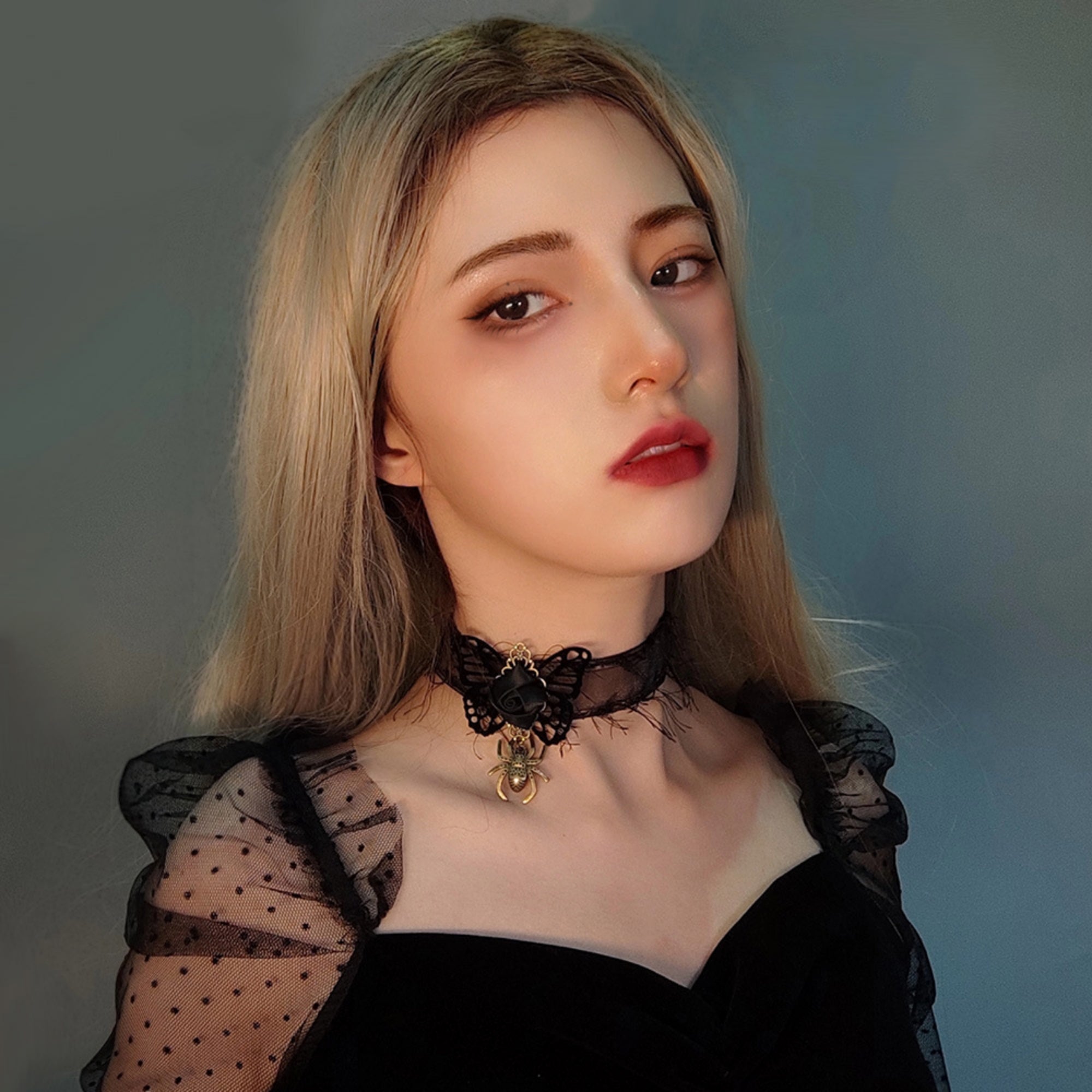 Halloween Black Lace Fringe Choker Necklace | Gold Spider Pendant Black Rose Antique Bronze Butterfly Center Halloween Witch Vampire Dark Costume Jewelry