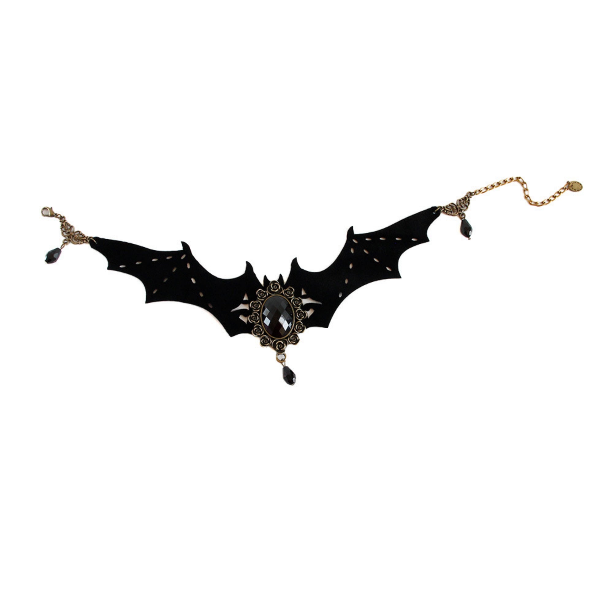 Gothic Halloween Bat Wing Black Velvet Choker Necklace | Antique Bronze Black Gem Crystal Teardrop Drop Vampire Dark Jewelry
