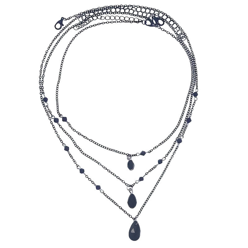 Halloween Gothic Black Triple Layer Crystal Teardrop Necklace Set | All-Black Chain Bead Dark Aesthetic Halloween Jewelry