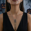 Halloween Gothic Skeleton Full Body Pendant Necklace & Bone Earring Set | Antique Silver Skull Jewelry Dark Halloween
