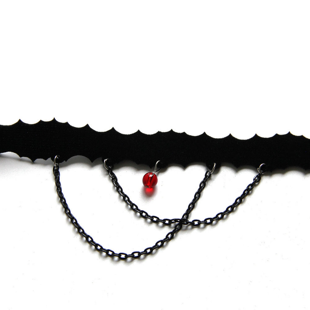 Halloween Black Velvet Bat Choker Necklace | Blood Red Bead Gunmetal Chain Drape Scallop Edge Cord Tie Vampire Dark Costume Jewelry