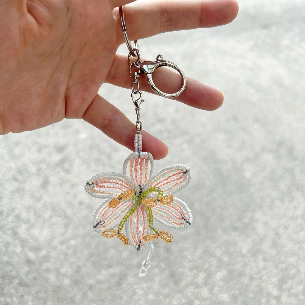 Handmade 3D Beaded Lily Flower Keychain | White Pink Striped Petal Green Stem Amber Stamen Bag Charm