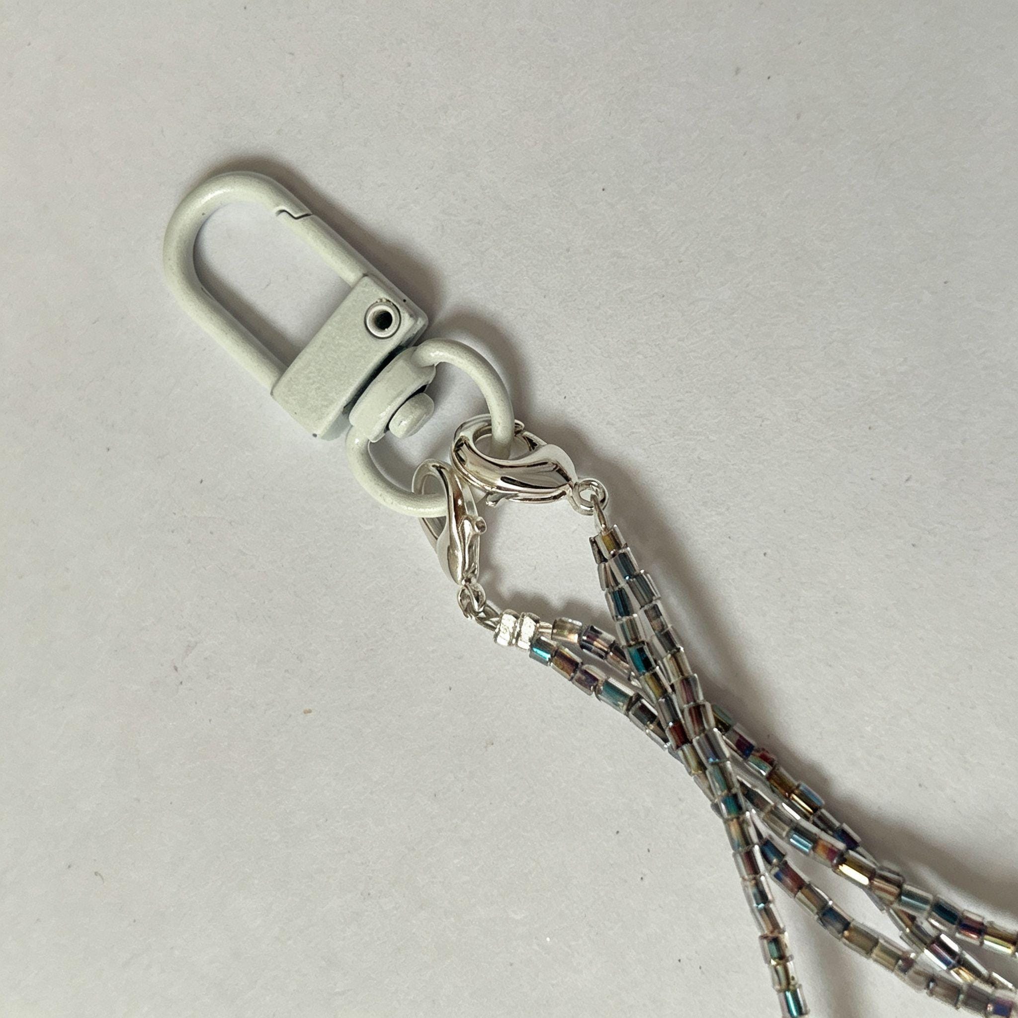 Handmade Silver Rainbow Tube Bead & Smoky Crystal Keychain | Double Strand Phone Charm Wrist Strap Minimalist