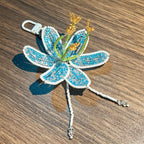 Handmade 3D Blue & White Beaded Lily Flower Keychain | Green Stem Amber Stamen Crystal Drop Bag Charm