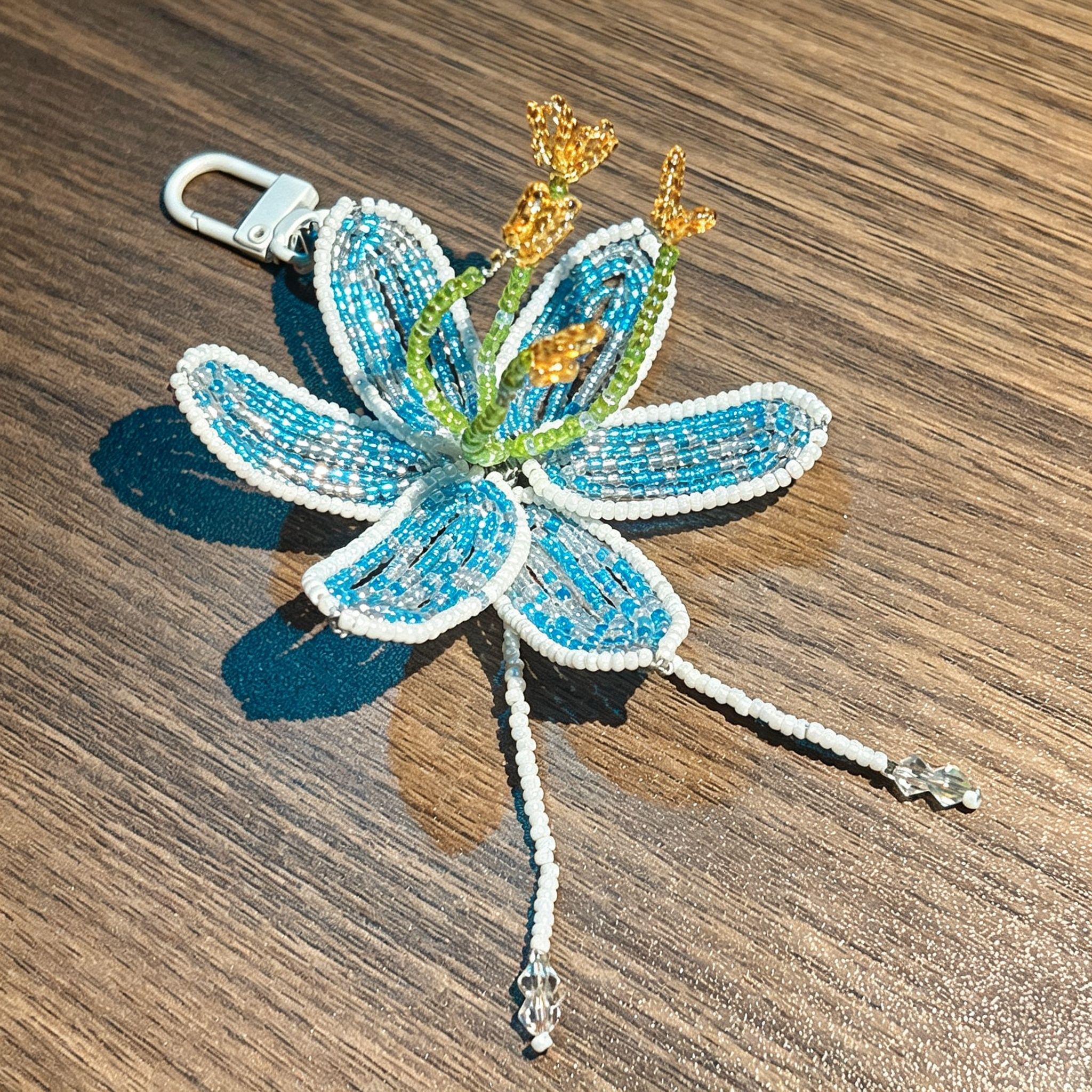 Handmade 3D Blue & White Beaded Lily Flower Keychain | Green Stem Amber Stamen Crystal Drop Bag Charm