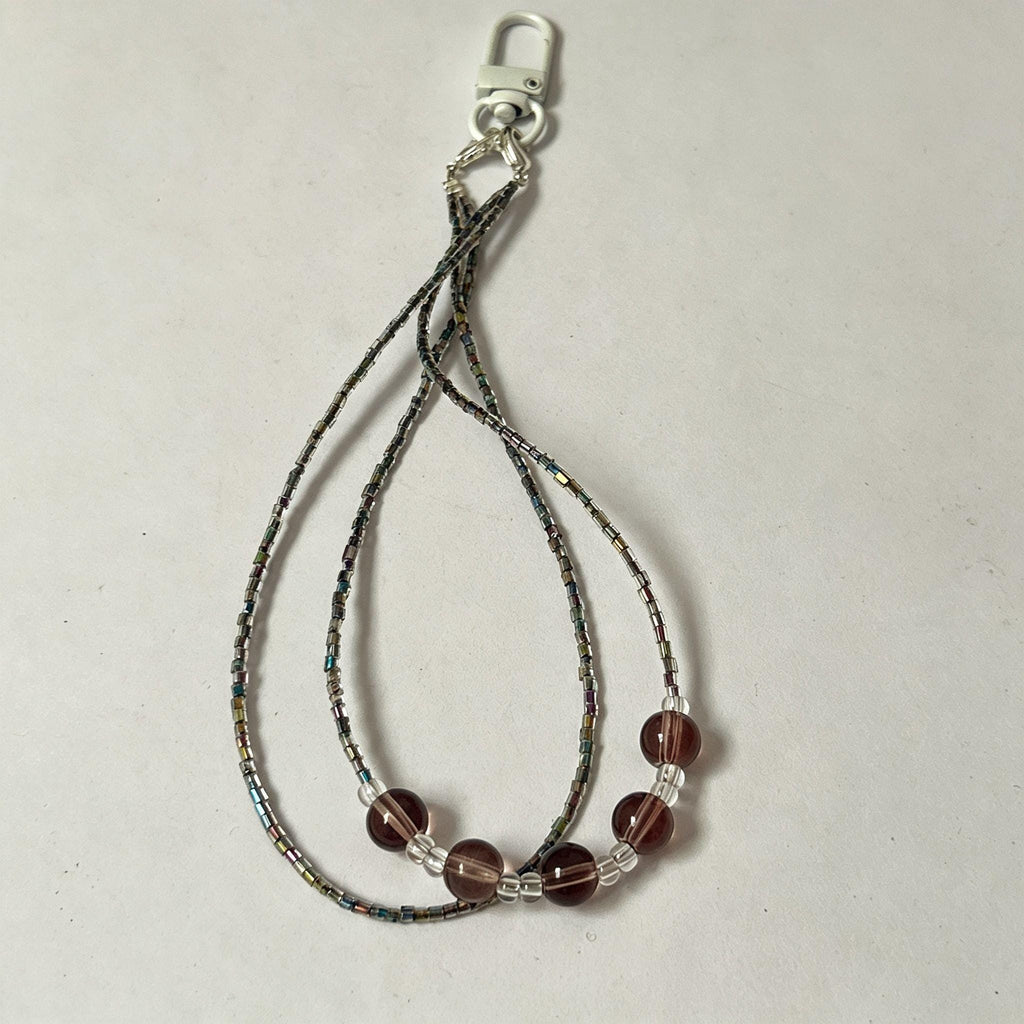 Handmade Silver Rainbow Tube Bead & Smoky Crystal Keychain | Double Strand Phone Charm Wrist Strap Minimalist