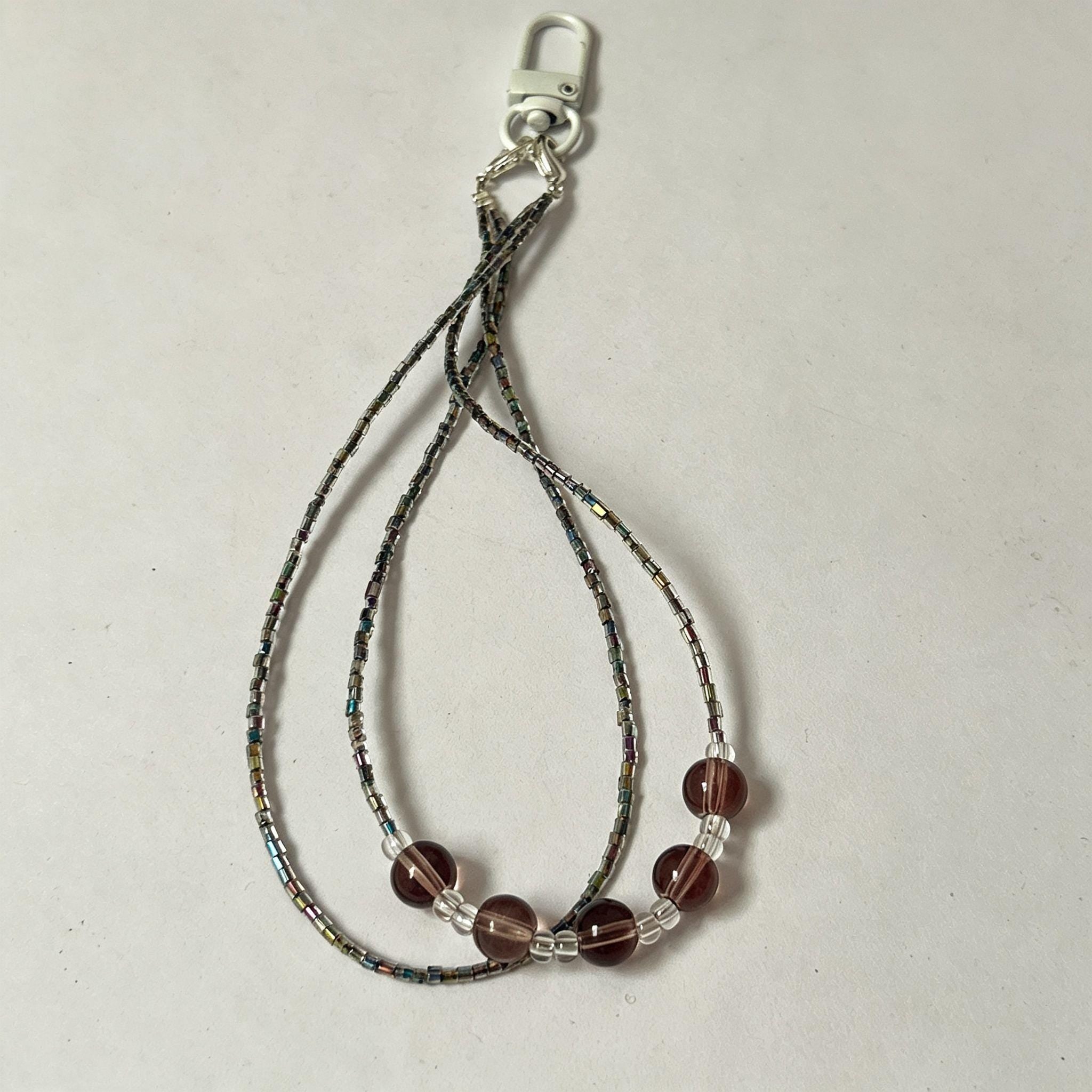 Handmade Silver Rainbow Tube Bead & Smoky Crystal Keychain | Double Strand Phone Charm Wrist Strap Minimalist