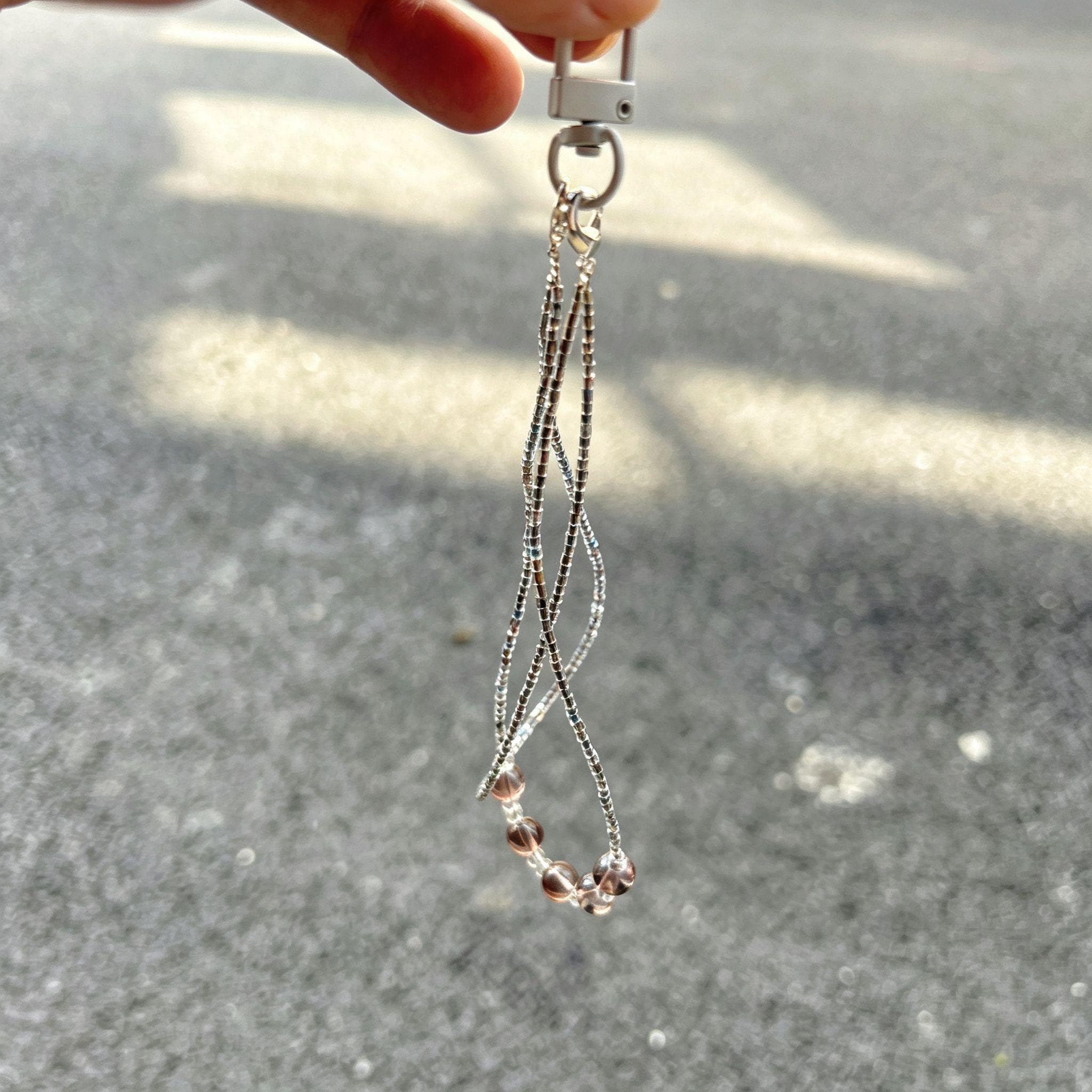 Handmade Silver Rainbow Tube Bead & Smoky Crystal Keychain | Double Strand Phone Charm Wrist Strap Minimalist