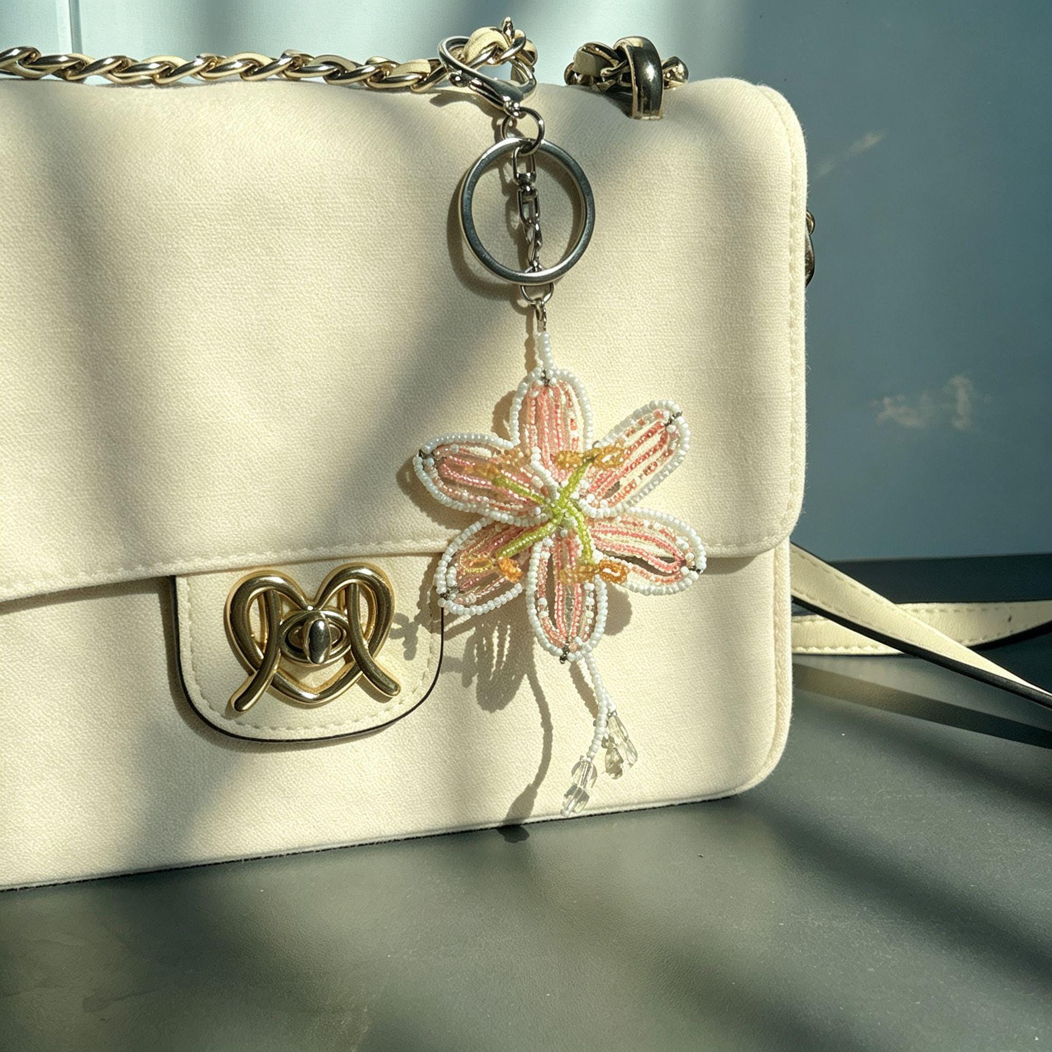 Handmade 3D Beaded Lily Flower Keychain | White Pink Striped Petal Green Stem Amber Stamen Bag Charm