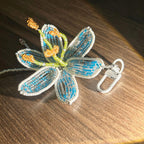 Handmade 3D Blue & White Beaded Lily Flower Keychain | Green Stem Amber Stamen Crystal Drop Bag Charm