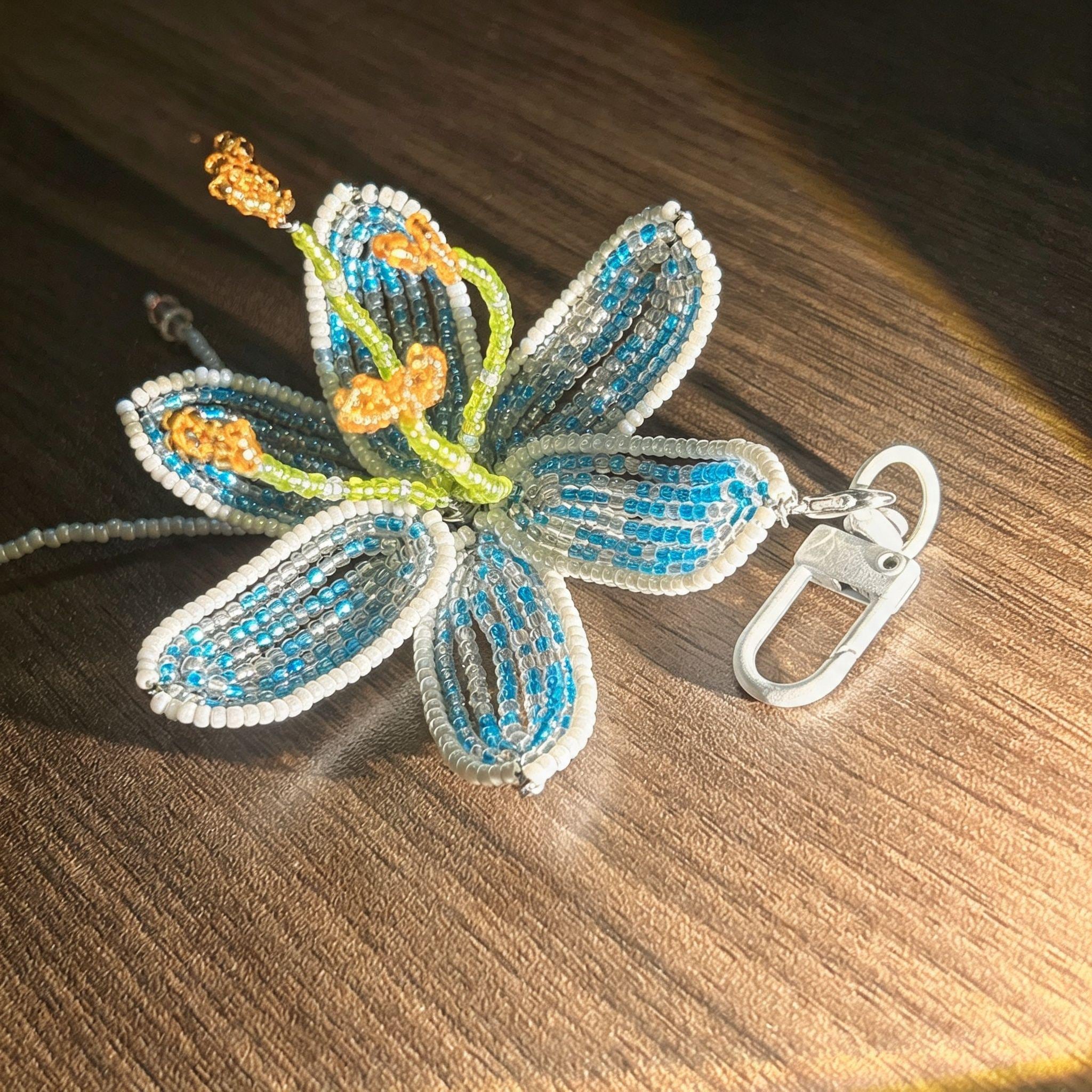 Handmade 3D Blue & White Beaded Lily Flower Keychain | Green Stem Amber Stamen Crystal Drop Bag Charm
