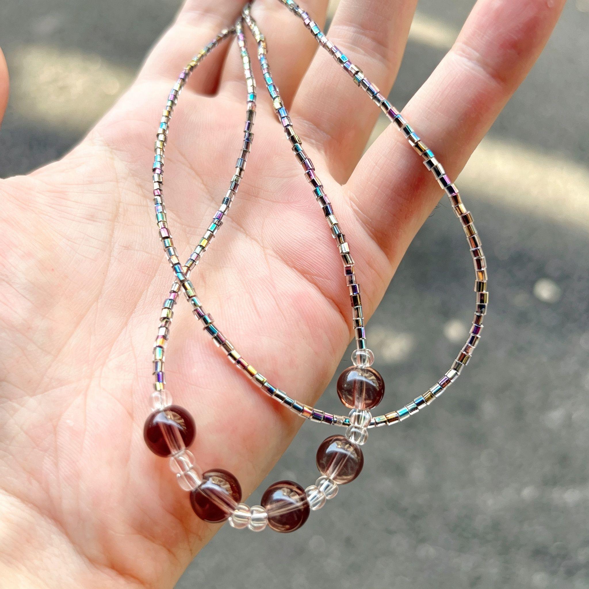 Handmade Silver Rainbow Tube Bead & Smoky Crystal Keychain | Double Strand Phone Charm Wrist Strap Minimalist