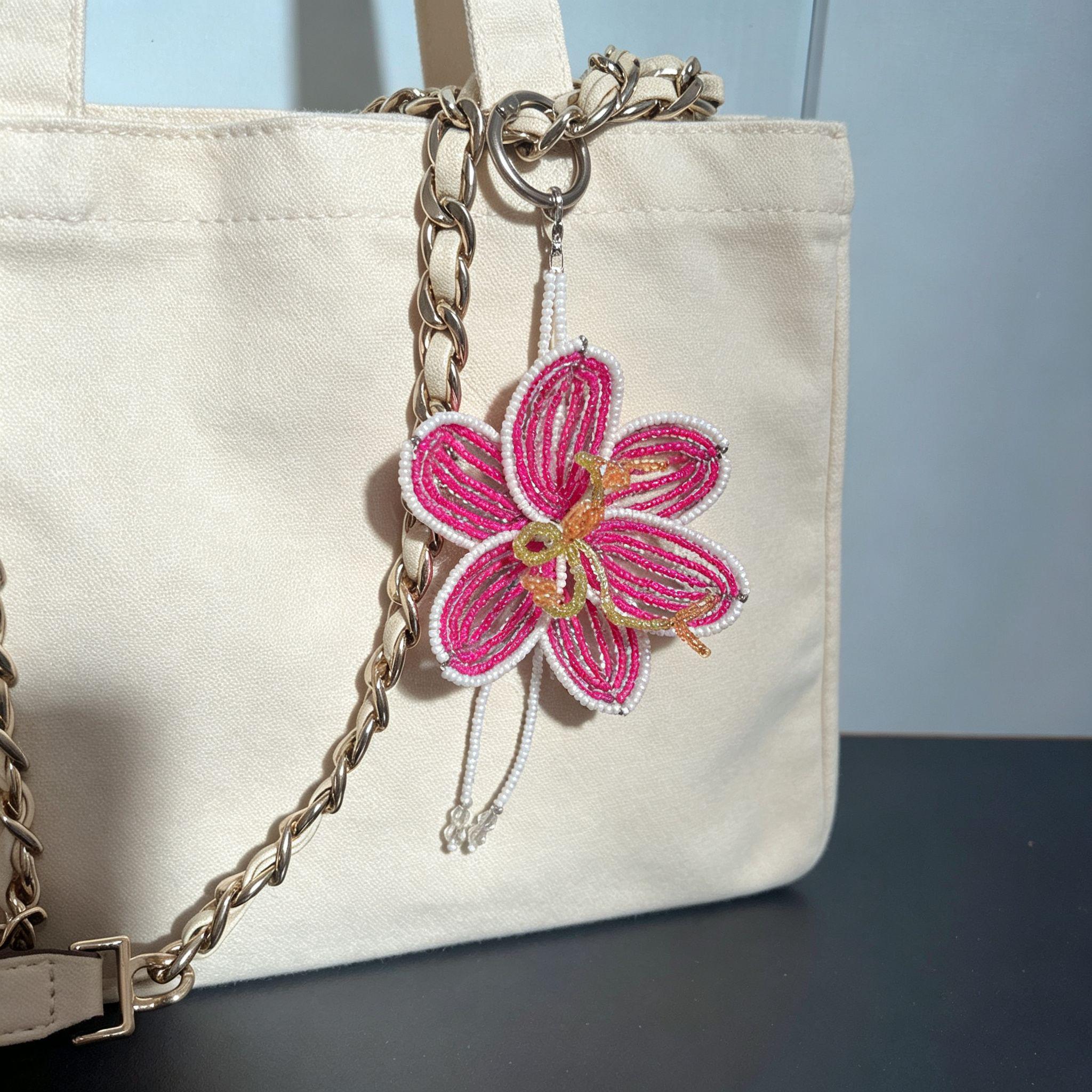 Handmade 3D Hot Pink & White Beaded Flower Bag Charm | Crystal Drop Tassel Keychain Fairycore Statement