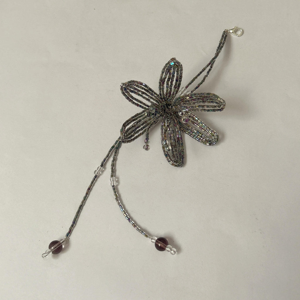 Handmade 3D Silver Aurora Iridescent Lily Flower Beaded Keychain | Metallic Rainbow Tube Bead Bag Charm