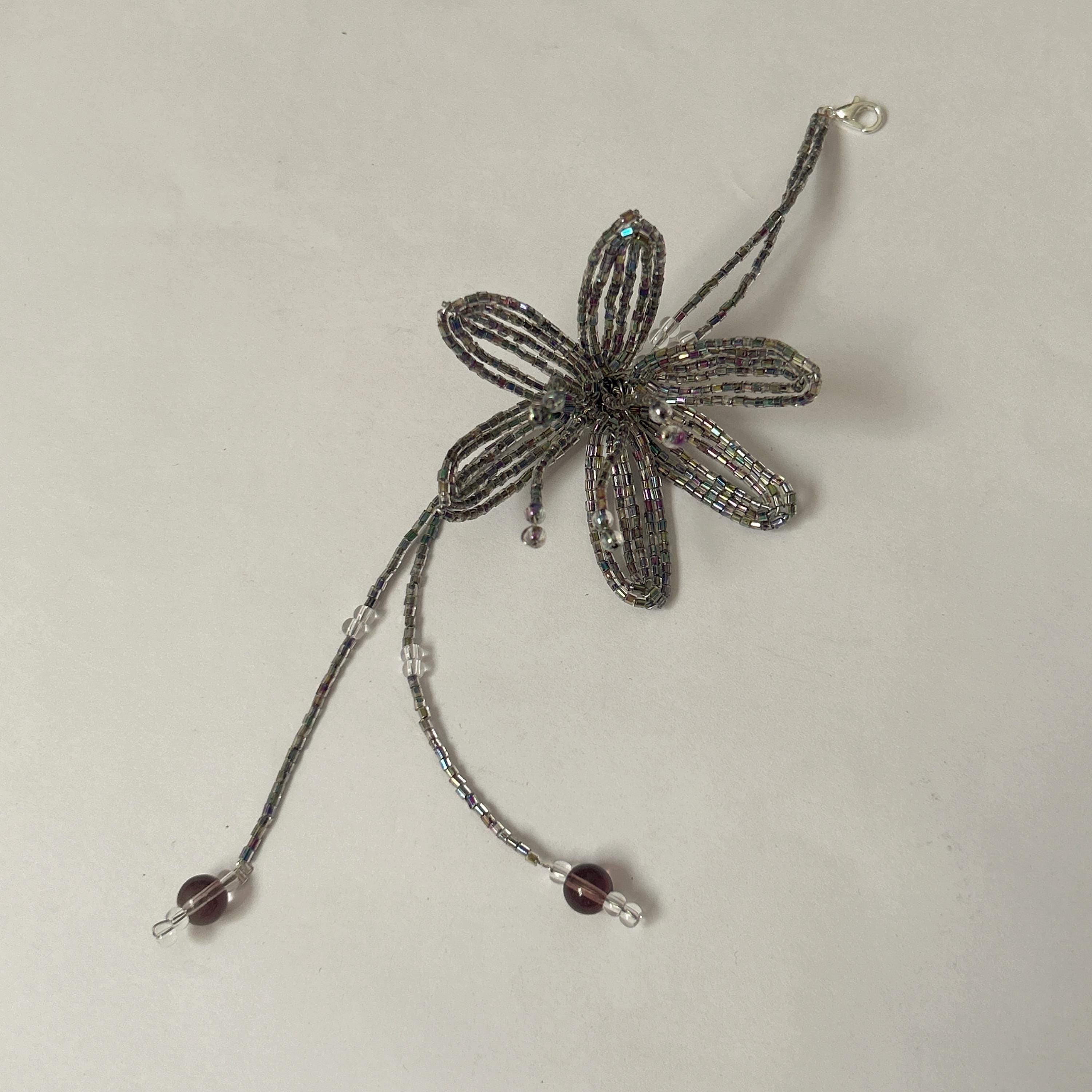 Handmade 3D Silver Aurora Iridescent Lily Flower Beaded Keychain | Metallic Rainbow Tube Bead Bag Charm