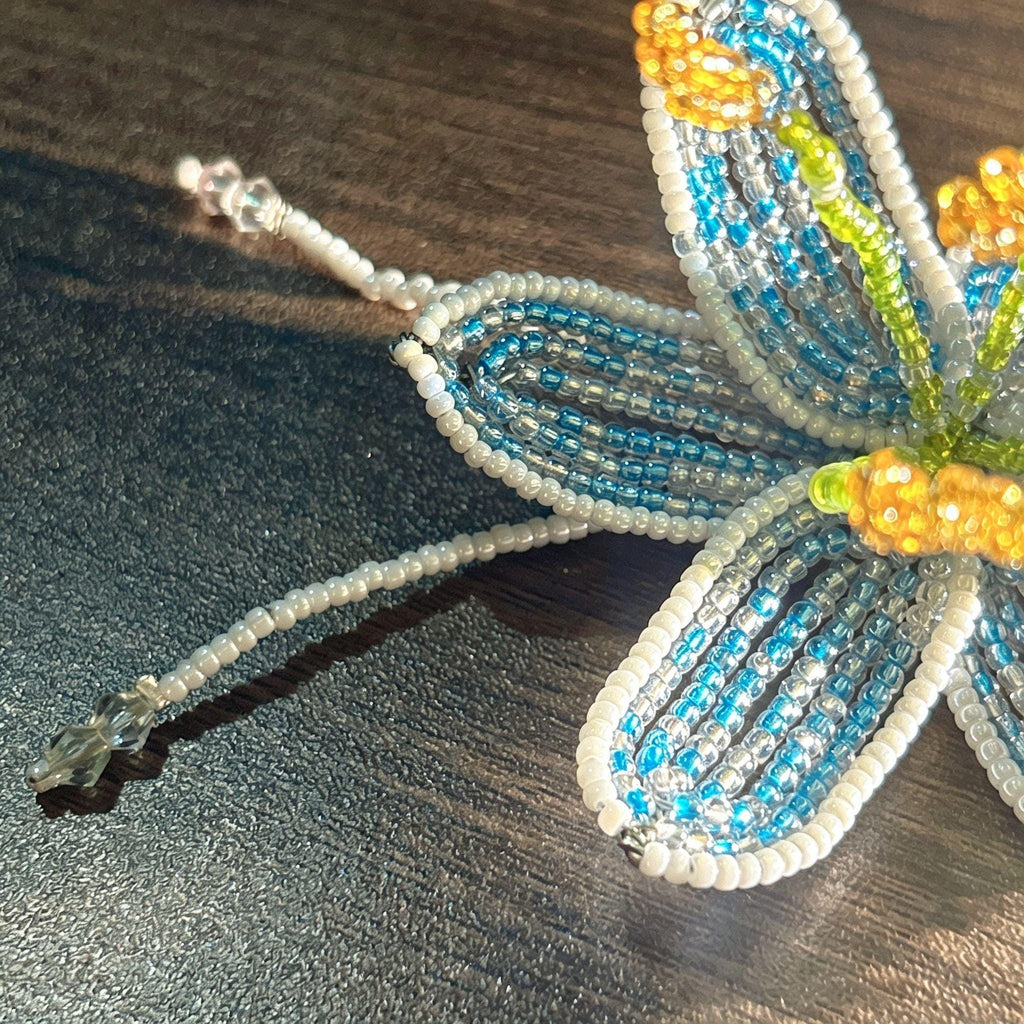 Handmade 3D Blue & White Beaded Lily Flower Keychain | Green Stem Amber Stamen Crystal Drop Bag Charm