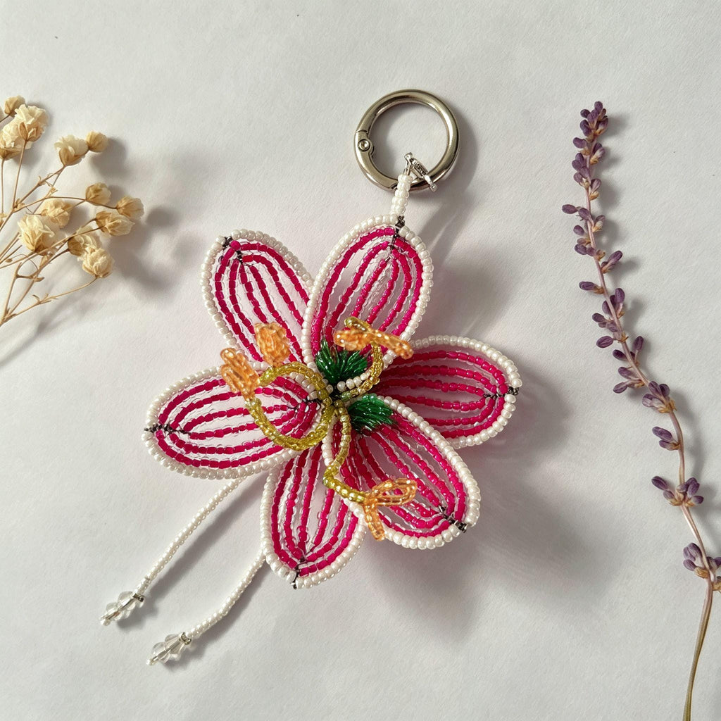 Handmade 3D Hot Pink & White Beaded Flower Bag Charm | Crystal Drop Tassel Keychain Fairycore Statement