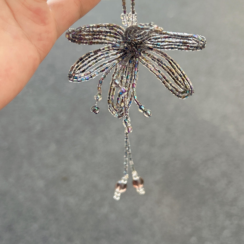 Handmade 3D Silver Aurora Iridescent Lily Flower Beaded Keychain | Metallic Rainbow Tube Bead Bag Charm