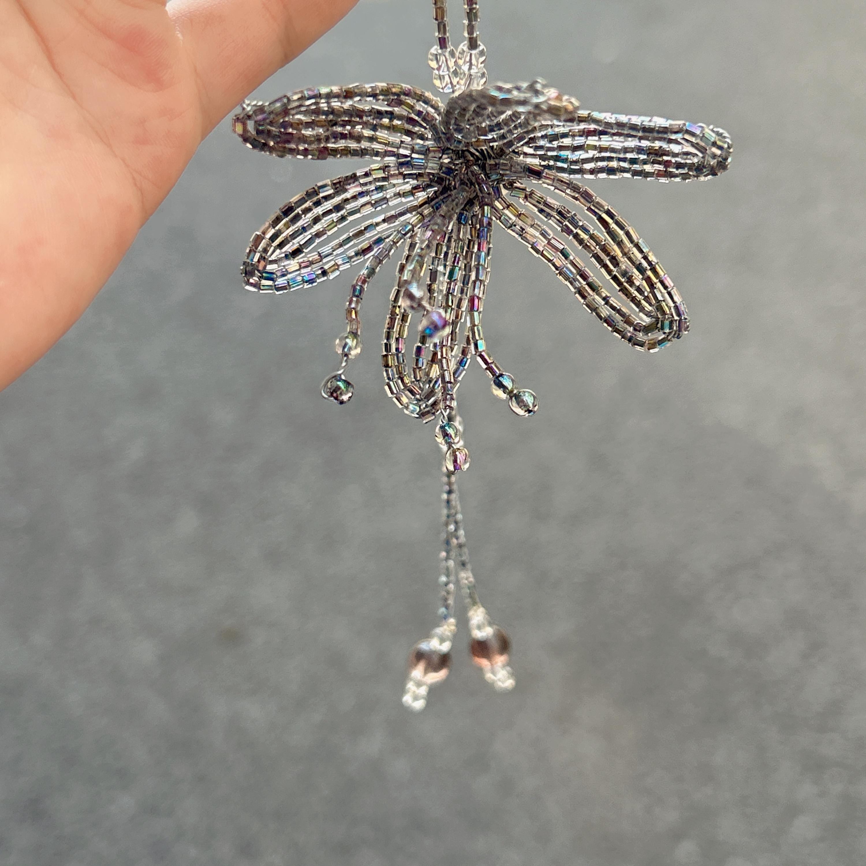 Handmade 3D Silver Aurora Iridescent Lily Flower Beaded Keychain | Metallic Rainbow Tube Bead Bag Charm