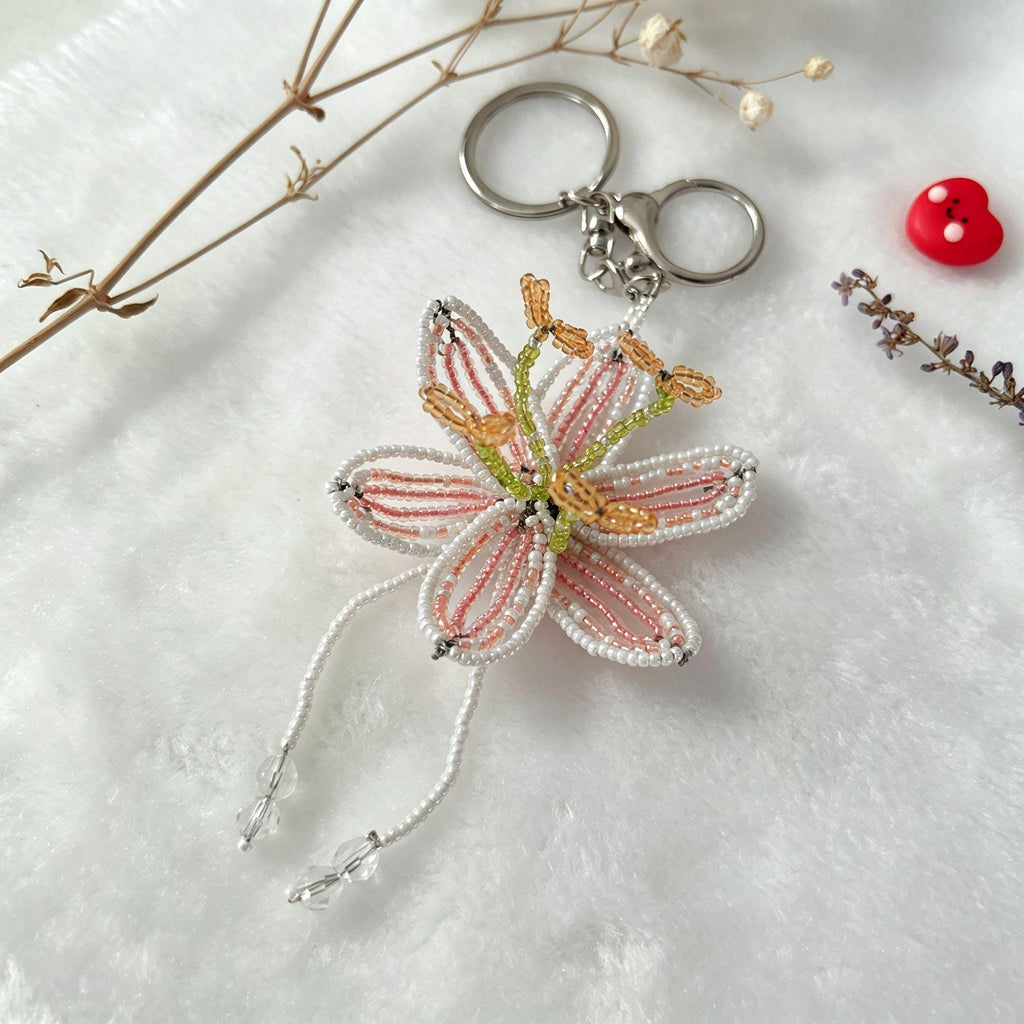 Handmade 3D Beaded Lily Flower Keychain | White Pink Striped Petal Green Stem Amber Stamen Bag Charm