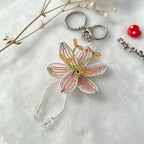 Handmade 3D Beaded Lily Flower Keychain | White Pink Striped Petal Green Stem Amber Stamen Bag Charm