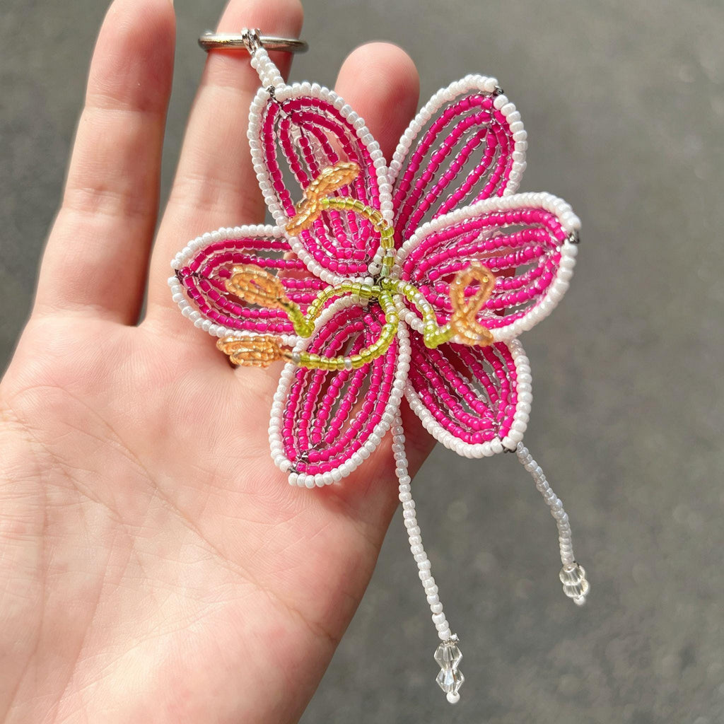 Handmade 3D Hot Pink & White Beaded Flower Bag Charm | Crystal Drop Tassel Keychain Fairycore Statement