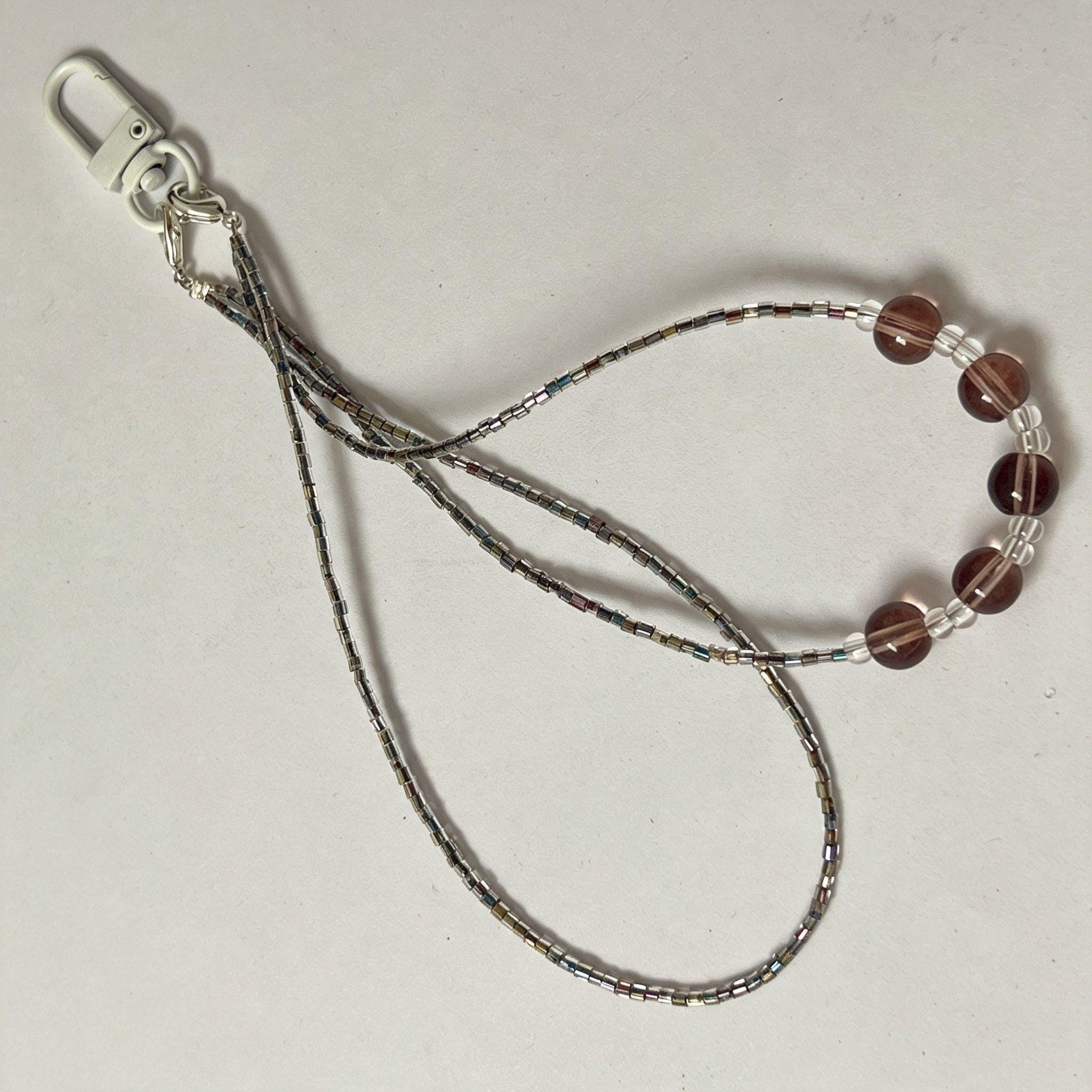 Handmade Silver Rainbow Tube Bead & Smoky Crystal Keychain | Double Strand Phone Charm Wrist Strap Minimalist