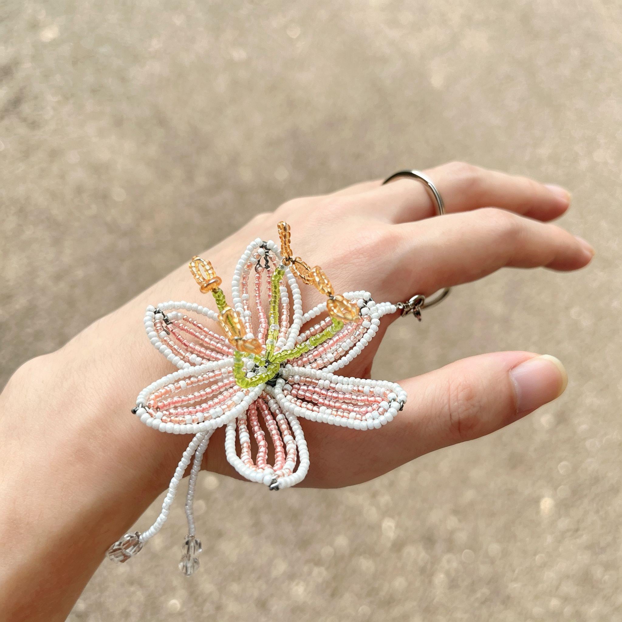 Handmade 3D Beaded Lily Flower Keychain | White Pink Striped Petal Green Stem Amber Stamen Bag Charm