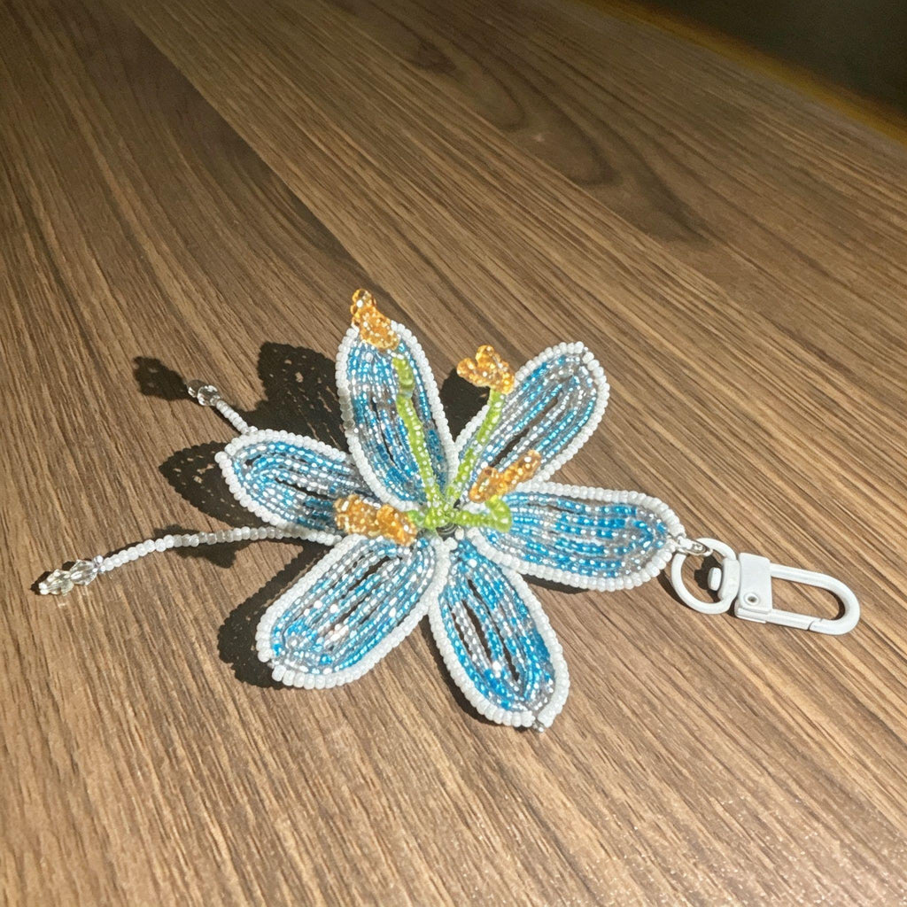 Handmade 3D Blue & White Beaded Lily Flower Keychain | Green Stem Amber Stamen Crystal Drop Bag Charm
