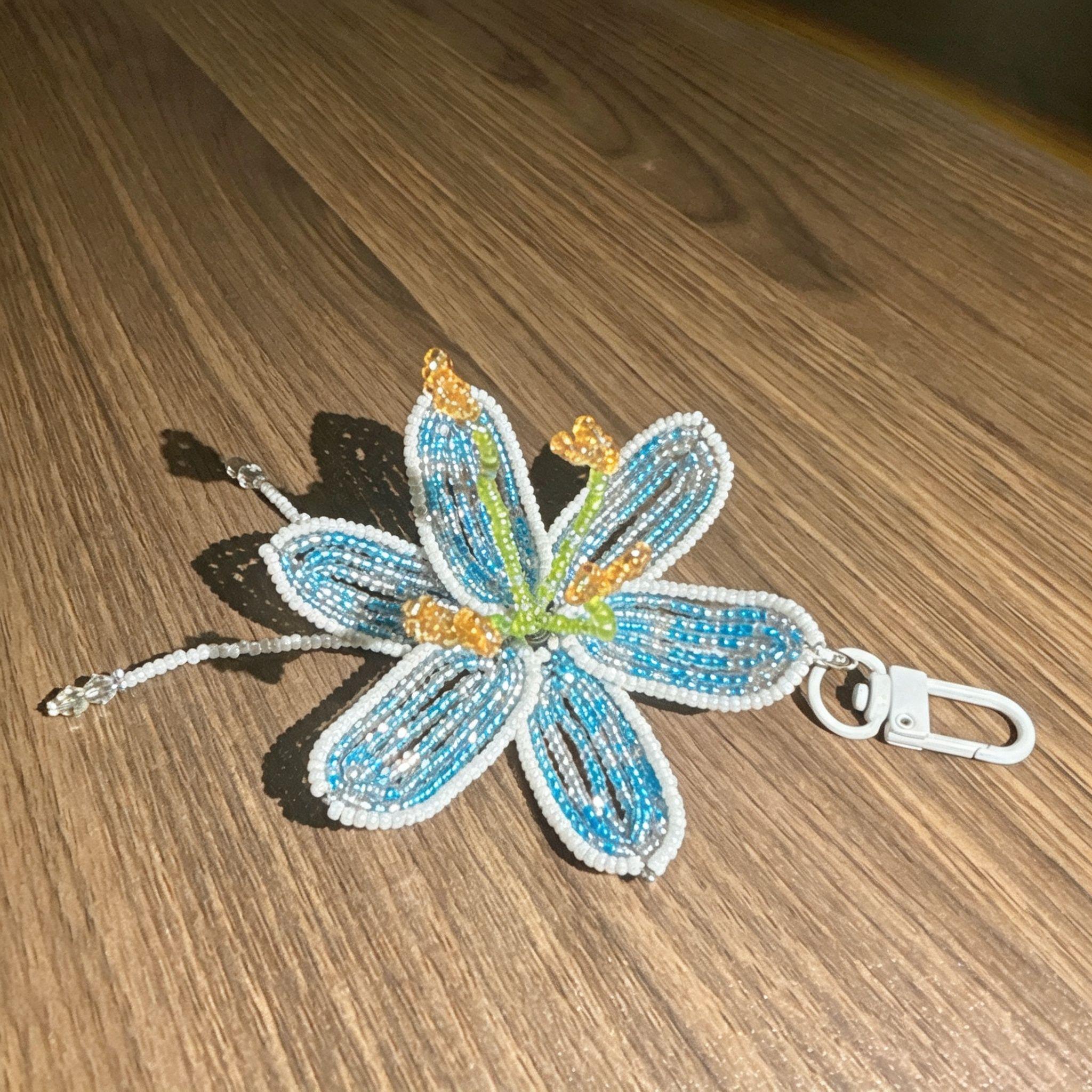 Handmade 3D Blue & White Beaded Lily Flower Keychain | Green Stem Amber Stamen Crystal Drop Bag Charm