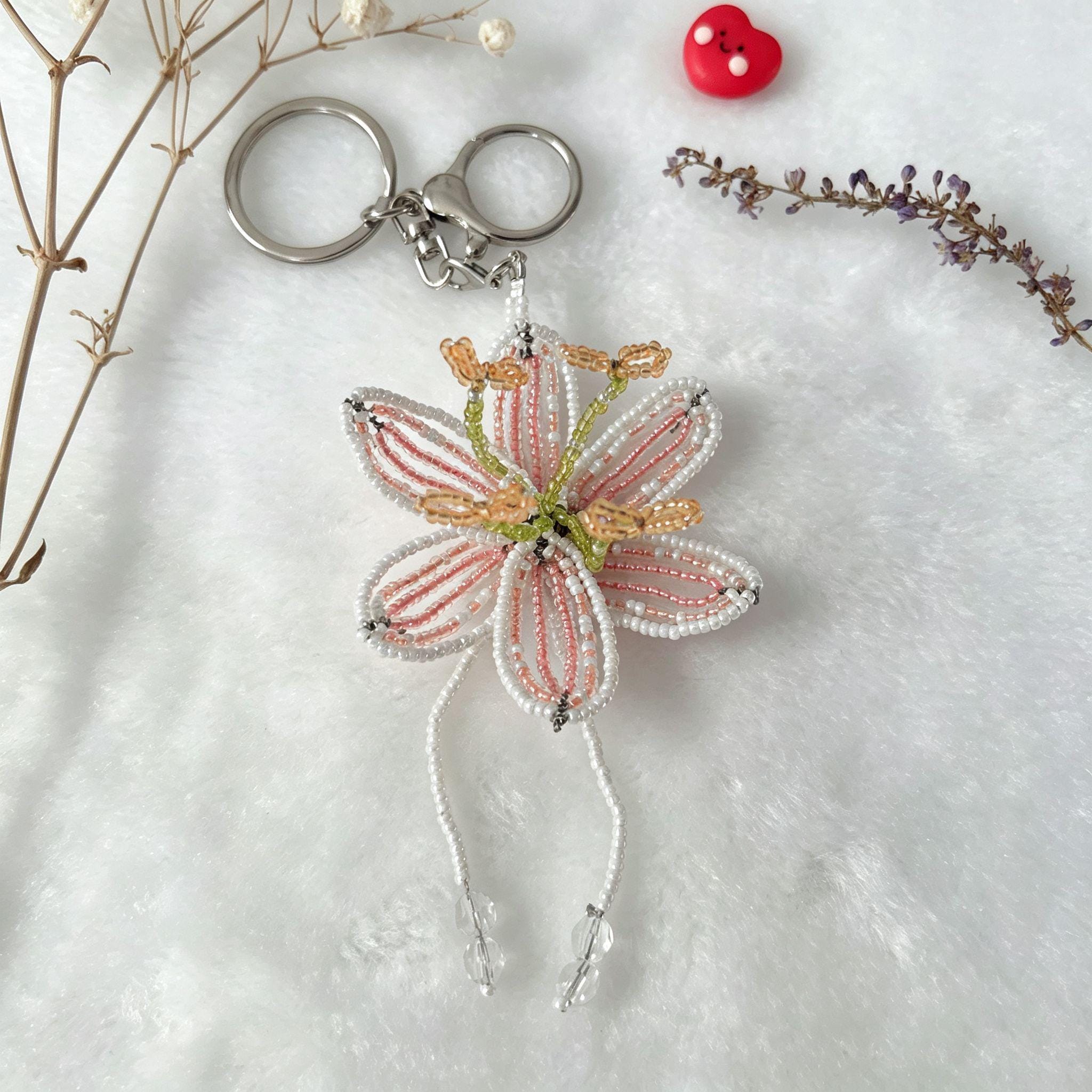 Handmade 3D Beaded Lily Flower Keychain | White Pink Striped Petal Green Stem Amber Stamen Bag Charm