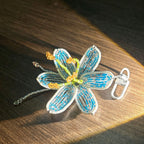 Handmade 3D Blue & White Beaded Lily Flower Keychain | Green Stem Amber Stamen Crystal Drop Bag Charm