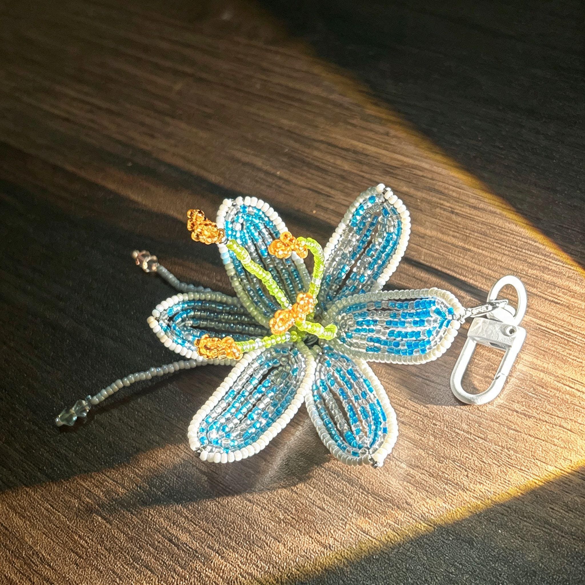 Handmade 3D Blue & White Beaded Lily Flower Keychain | Green Stem Amber Stamen Crystal Drop Bag Charm