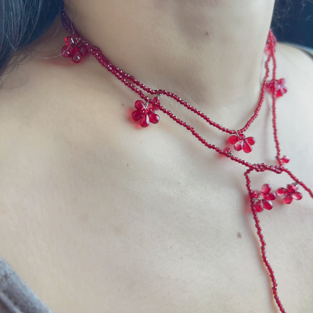 Handmade Deep Red Seed Bead Long Wrap Necklace | Scattered Flower Bead Crystal Drop Lariat Boho Statement